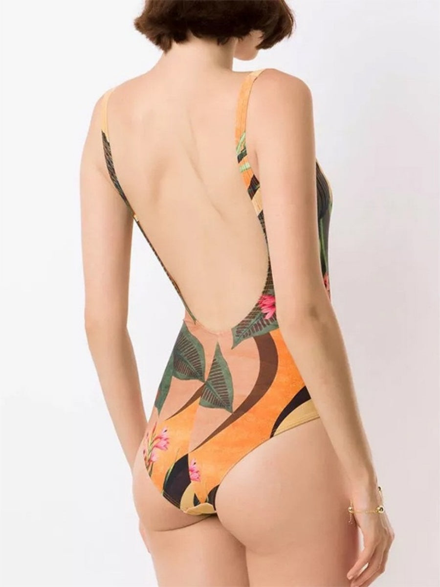 One-piece Swimsuit With Cross-over Print, Revealing Backpack And Hip-revealing Long Skirt (two-piece Set)