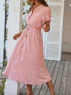 Polka Dots Polo Collar Waist Tie Short Sleeves Maxi Dresses