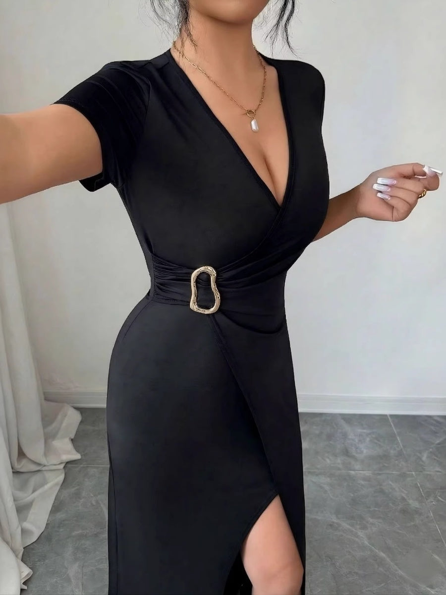 V-neck Cross Metal Buckle Pleated Slit Maxi Dresses