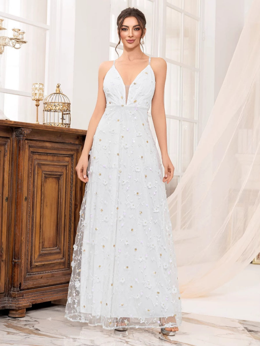 Deep V-neck Wedding Dress Applique Multi-story Maxi Dresses