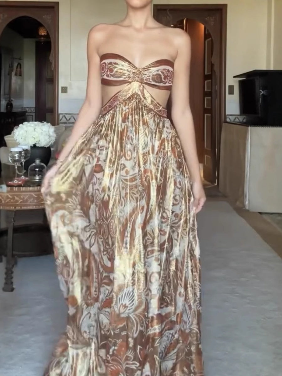 Tube Top Printed Hollow Satin Vacation Maxi Dresses