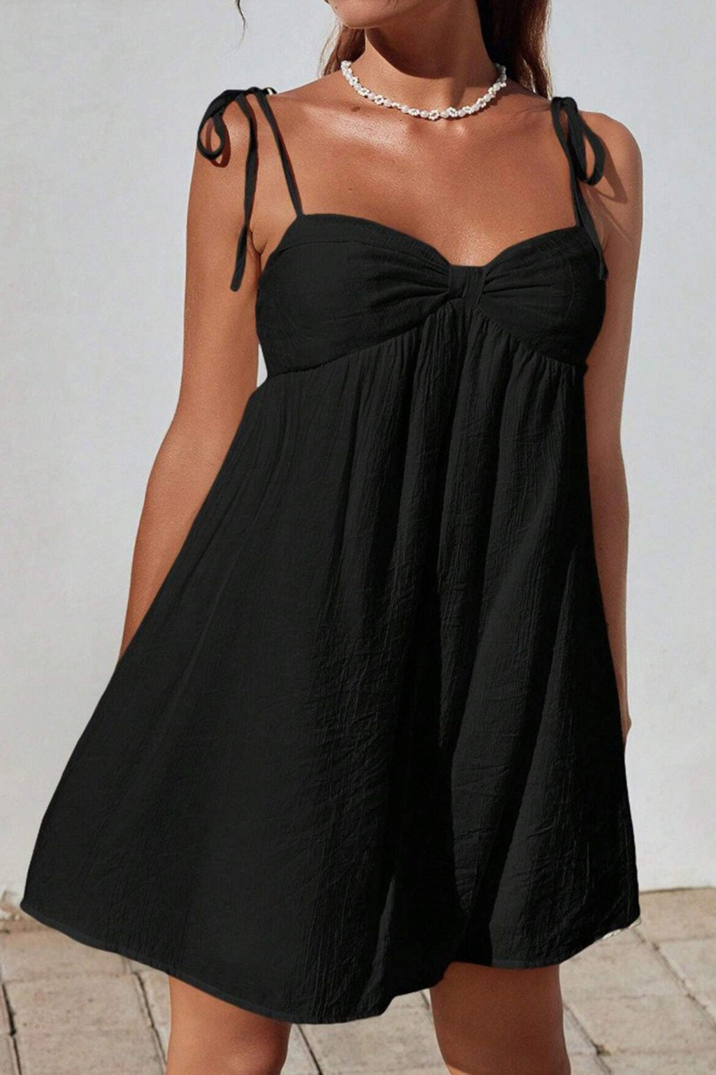 Tie Shoulder Sweetheart Gathered Bust Knot Detail Empire Waist Babydoll Mini Dress