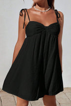 Tie Shoulder Sweetheart Gathered Bust Knot Detail Empire Waist Babydoll Mini Dress
