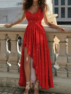 Sloping Shoulders High Waist Formal Dress Irregular Hem Maxi Dresses