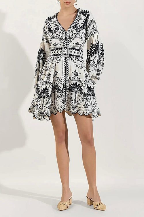 Ornamental Paisley Print Puff Sleeve V-Neck Belted Button-Front Mini Dress