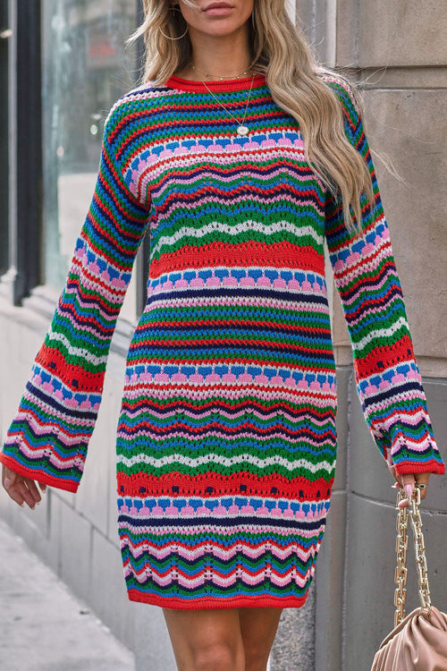Striped Crochet Knit Crew Neck Bell Sleeve Mini Dress
