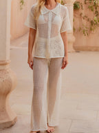 Loose-fitting Short-sleeved Shirt, Casual Trousers, See-through Cutout Sexy Vacation Sun Protection Beachwear