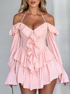 Ruffle Halter Neck Low-cut  Flare Sleeve Sweet Mini&Short Dresses