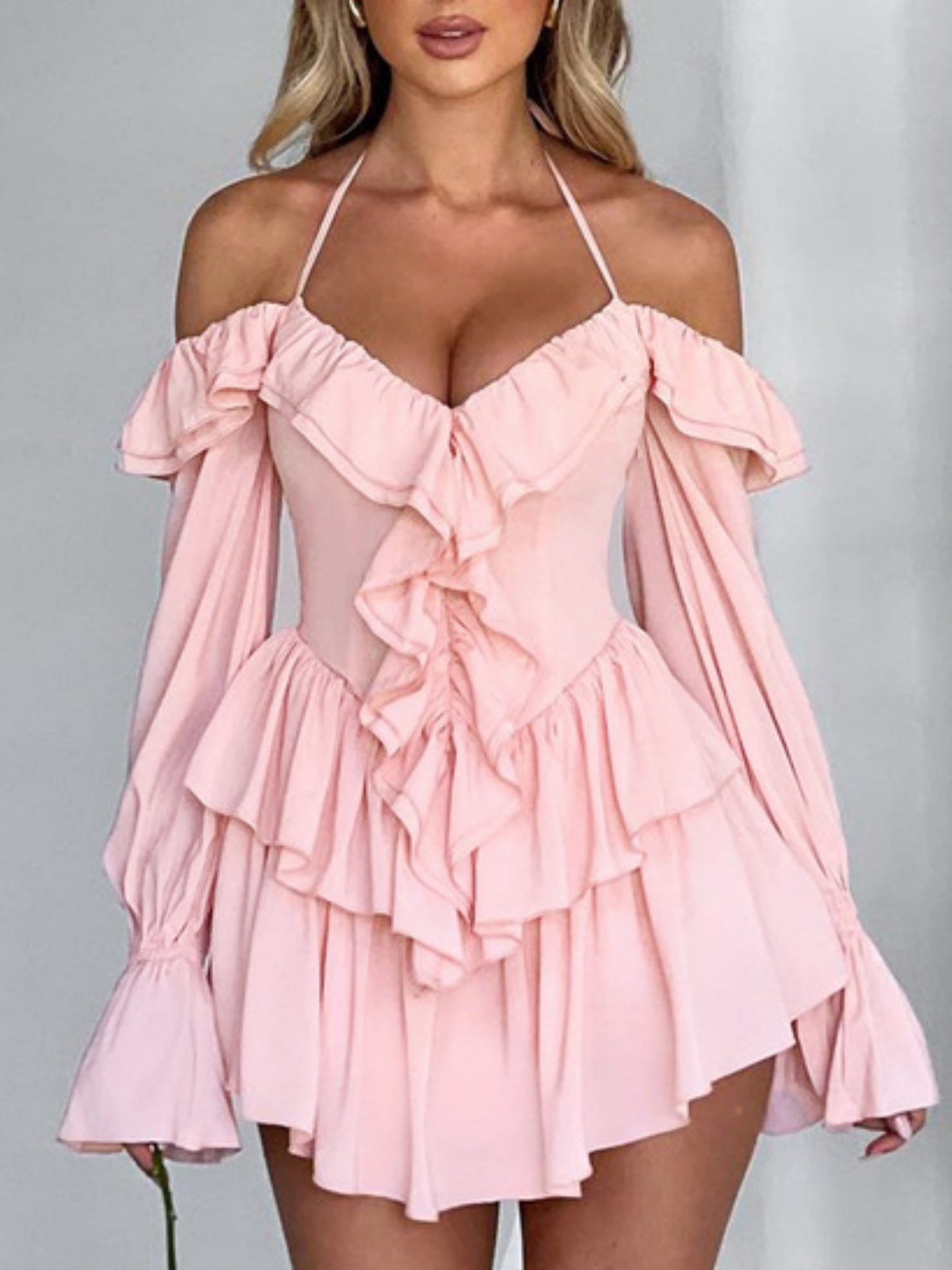 Ruffle Halter Neck Low-cut  Flare Sleeve Sweet Mini&Short Dresses