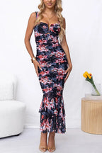 Square Neck Keyhole Cutout Ruched Floral Mermaid Flounce Hem Midi Dress