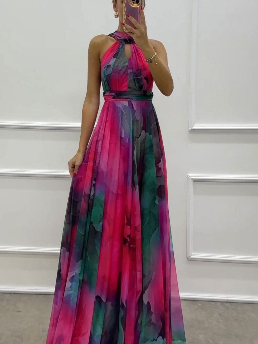 Mesh Printed Halter Formal Dress Maxi Dresses