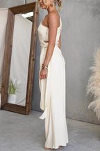 One Shoulder Irregular Hem Top High Rise Pocketed Wide Leg Pants Set