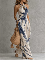 Ink And Wash Printing Halter Wide-leg Pants Temperament Jumpsuits