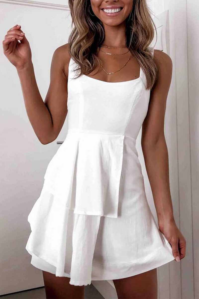 Square Neck Wide Strap Sleeveless Diagonal Tier Ruffle Mini Dress