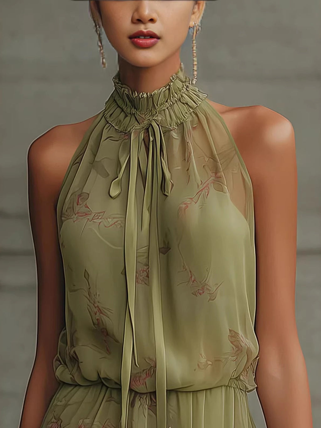 V-neck, Fitted Waist, Ruffled Midi Dress