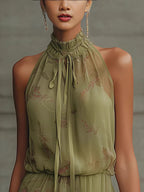 V-neck, Fitted Waist, Ruffled Midi Dress