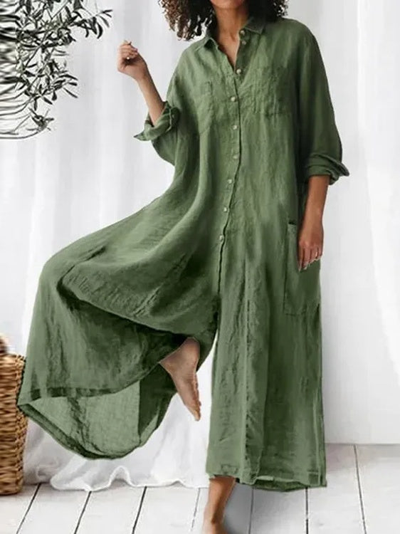 Long-sleeved Mid-length Cotton Linen Shirt Jumpsuit