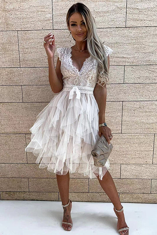Lace Deep V-Neck Cap Sleeve Tiered Tulle Handkerchief Hem Mini Dress