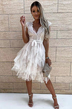 Lace Deep V-Neck Cap Sleeve Tiered Tulle Handkerchief Hem Mini Dress