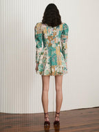 Patchwork Floral Print Mock Neck Puff Shoulder A-Line Mini Dress