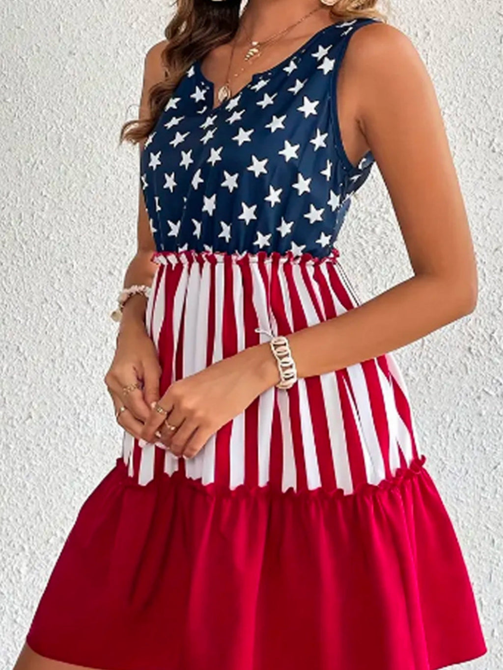 Stars And Stripes Print Sleeveless V-neck Mini&Short Dresses