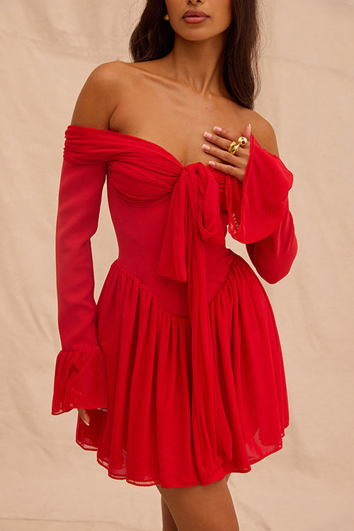 Off Shoulder Bow Front Corset Panel Ruffle Cuff Mini Dress