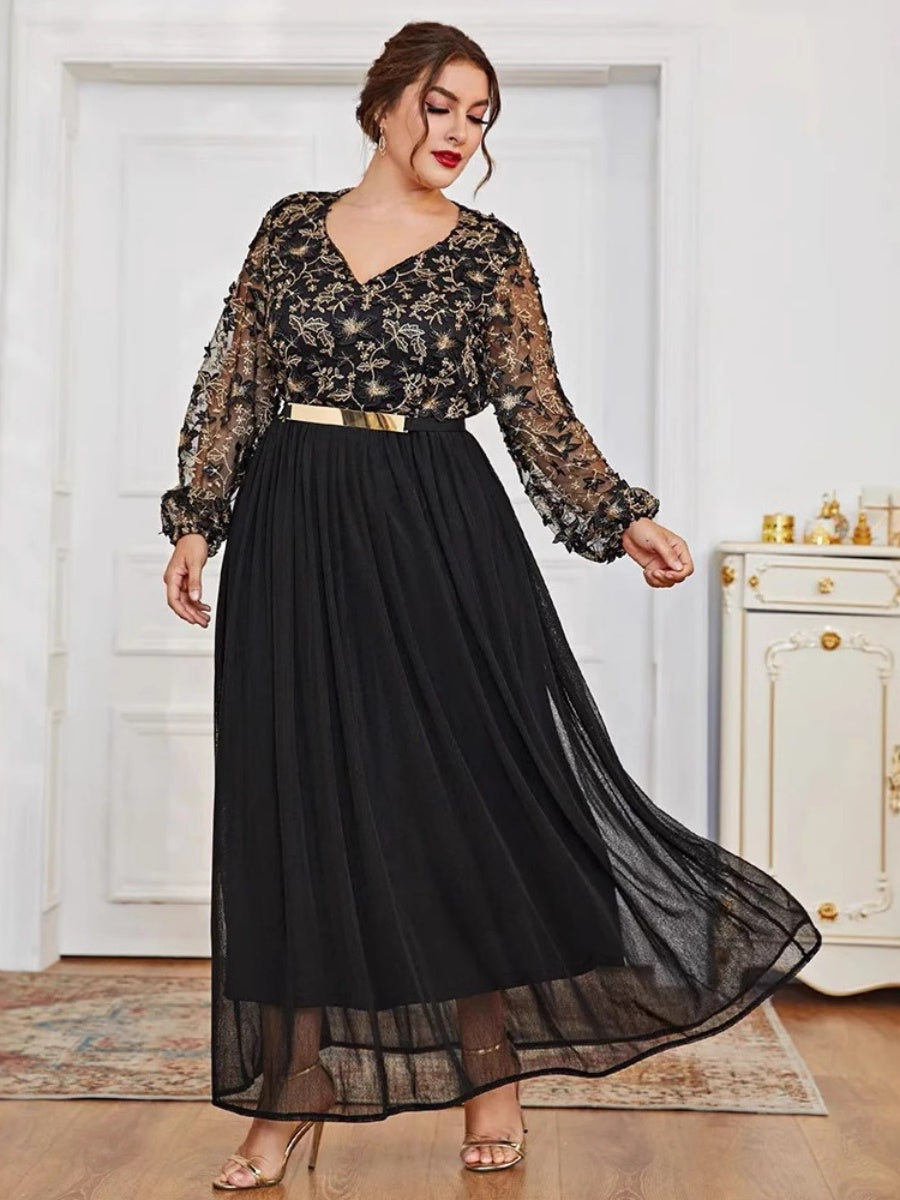 V-neck Black Splicing Formal Dress Banquet Maxi Dresses