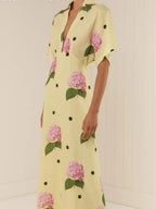 Printed V-neck Short Sleeve Waist Shaping Maxi Dresses