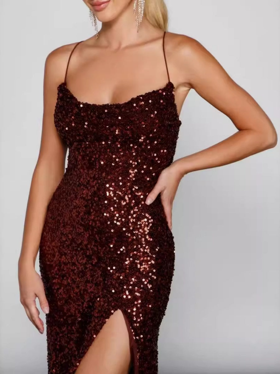Sequins Slit Sexy Camisoles Formal Dress Maxi Dresses