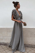 Deep V-Neck Tiered Ruffle Flutter Sleeve Gathered Maxi Gown