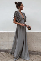 Deep V-Neck Tiered Ruffle Flutter Sleeve Gathered Maxi Gown