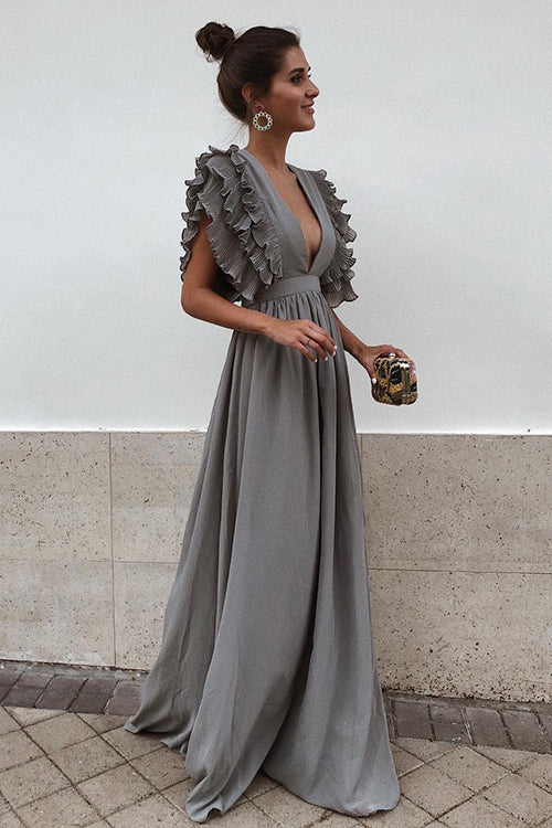 Deep V-Neck Tiered Ruffle Flutter Sleeve Gathered Maxi Gown