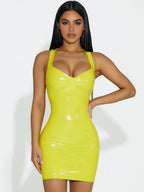PU Glossy Leather Waist-cinching And Hip-hugging Camisoles Mini&Short Dresses