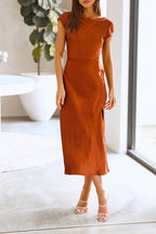 Short Sleeve Twist Backless Slit Satin Dress