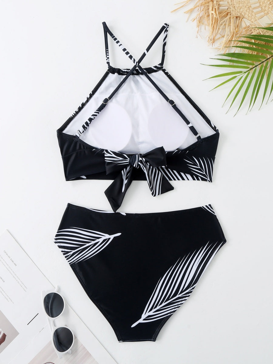 Feather Print Two-Piece Swimsuit With Sun Protection And Skirt (Three-Piece Set)
