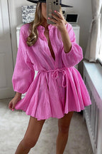 Crinkled Gauze Button Front Tie Waist Long Sleeve Mini Shirt Dress