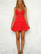 Lace Insert Tiered Ruffle Spaghetti Strap Deep V-Neck Mini Dress