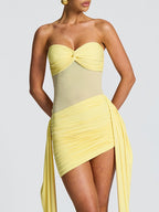 Mesh-paneled, Elegant Ribbon-trimmed Solid Color Strapless Short Dress