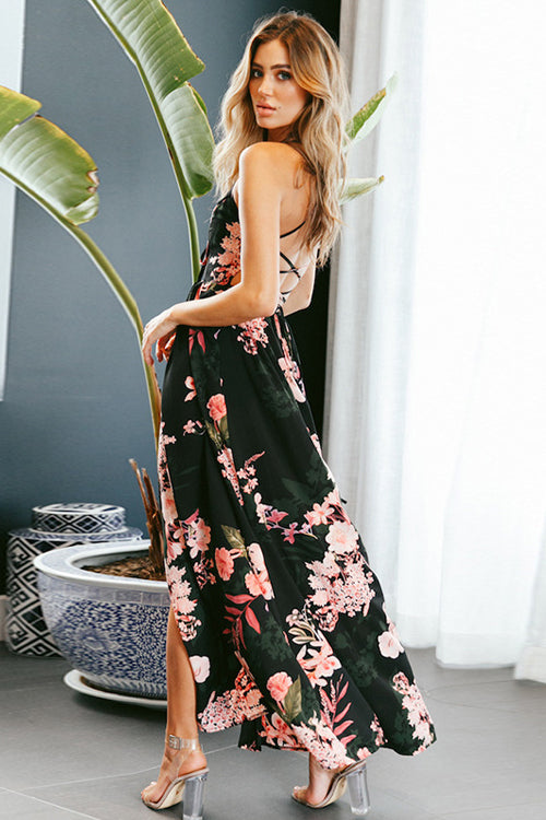Floral Print Spaghetti Strap Lace Up Cross Back High Split Maxi Dress