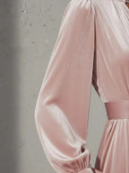 Waist Long Skirt Solid Color V-neck Velvet Long Sleeve Midi Dresses