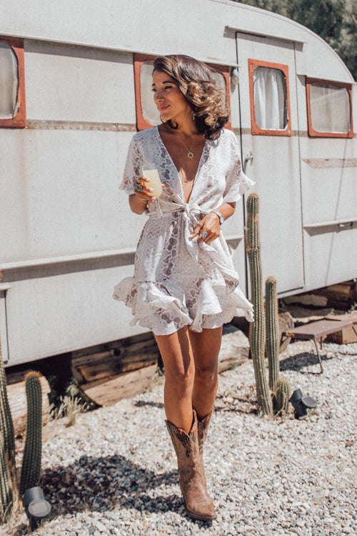 Snake Print V-Neck Tie Waist Flutter Sleeve Ruffle Hem Mini Dress