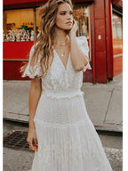V-neck Short Sleeve Lace Gauze Solid Color Maxi Dresses