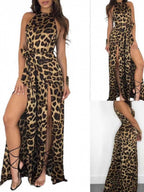 Leopard Print Slit Sleeveless Tie Long Jumpsuit