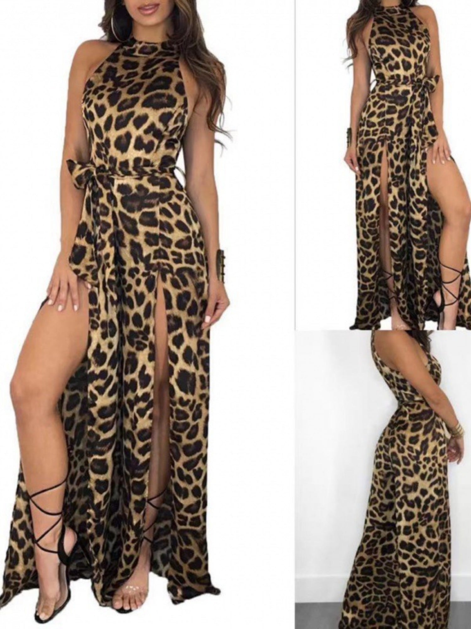 Leopard Print Slit Sleeveless Tie Long Jumpsuit