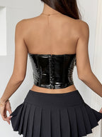 PU Mirror Leather Lace Patchwork Straps Strapless Vest
