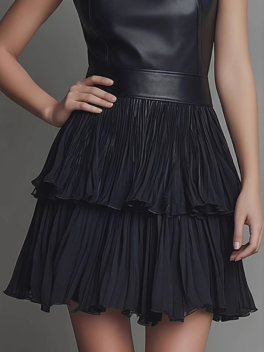 PU Leather Splicing Sleeveless Temperament Commuting Mini&Short Dresses