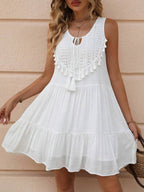 Lace Trim V-neck Sleeveless Tassel Tie Mini&Short Dresses