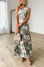 One Shoulder Waisted Floral Print Pleated Maxi Dress