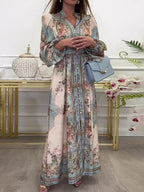 Floral Print V-neck Lantern Sleeves Maxi Dresses