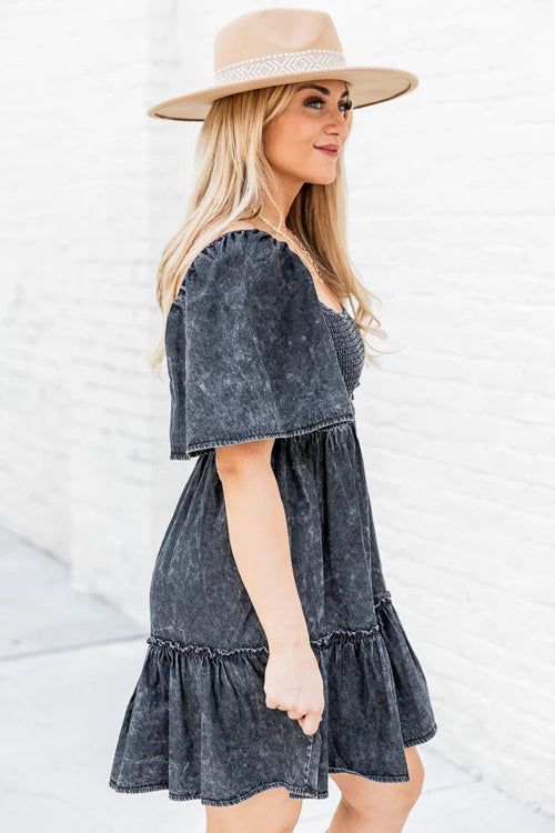 Square Neck Smocked Puff Sleeve Tiered Ruffle Hem Chambray Mini Dress